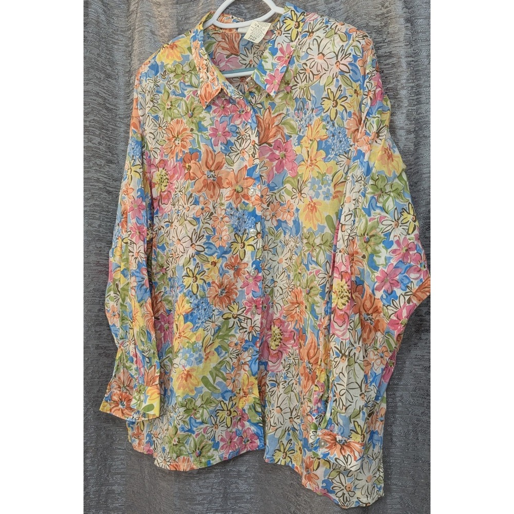 Koret Vtg LS Blouse MultiColor Floral Sz 28 Plus Shoulder Pads Button Down